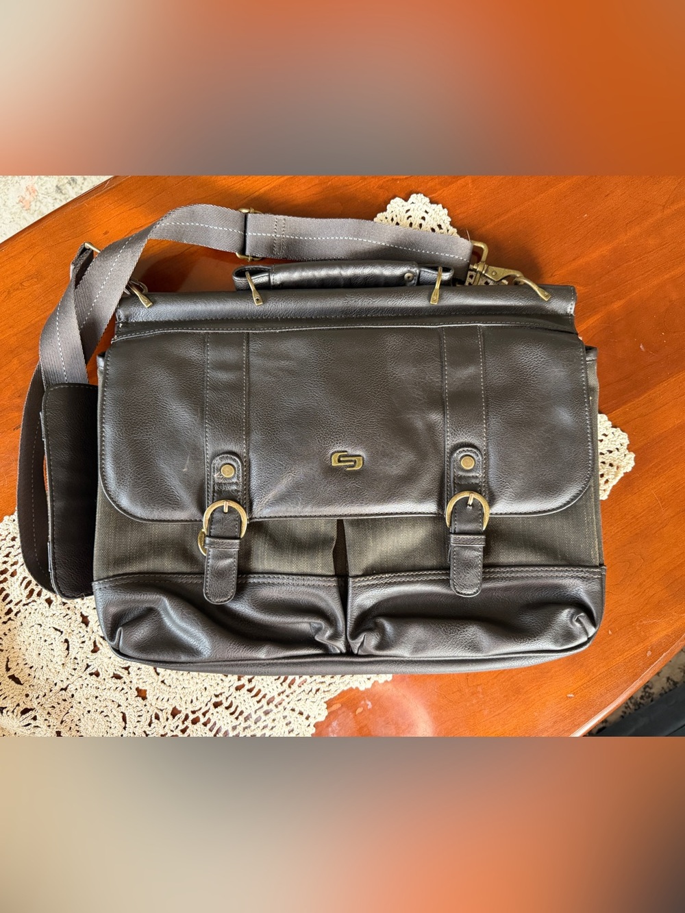 solo Brown Faux Leather Briefcase with Brass Accents